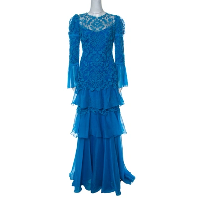 Pre-owned Tadashi Shoji Cerulean Blue Corded Embroidered Tulle Tiered Moreau Gown L
