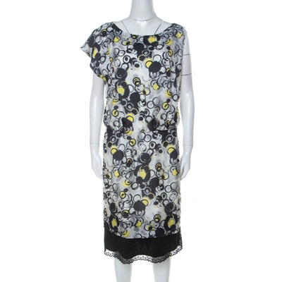 Pre-owned Gianfranco Ferre Gf Ferre Multicolor Circle Print Silk Lace Detail Asymmetric Shoulder Dress L