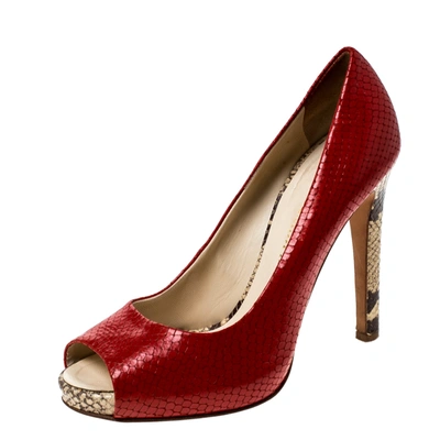 Pre-owned Giuseppe Zanotti Red Python Embossed Leather Peep Toe Pumps Size 39.5