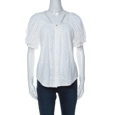 Pre-owned Valentino White Cotton Tattered Effect Puffed Sleeve Top S