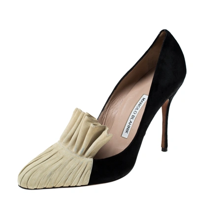 Pre-owned Manolo Blahnik Black And Beige Suede Arleti Frill Detail Pumps Size 39.5