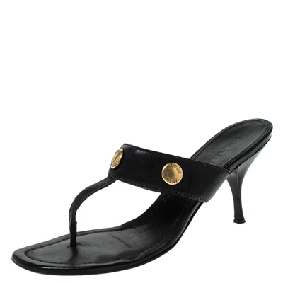 Pre-owned Prada Black Leather Studded Thong Sandals Size 38