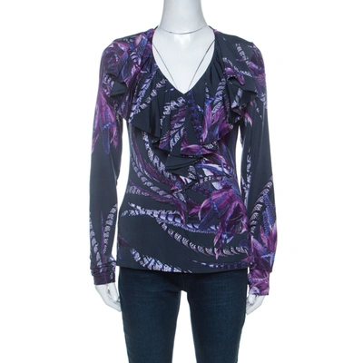 Pre-owned Just Cavalli Navy Blue & Purple Printed Stretch Ruffle Collar Detail Top M