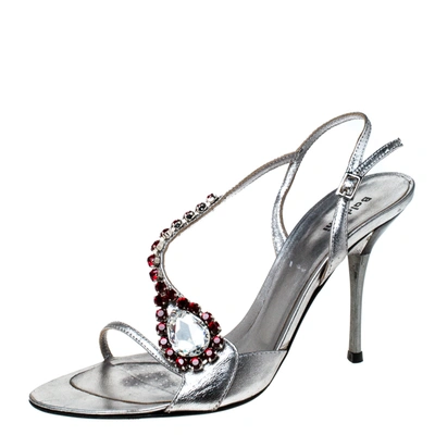 Pre-owned Baldinini Metallic Silver Leather Crystal Embellised Ankle Sandals Size 37