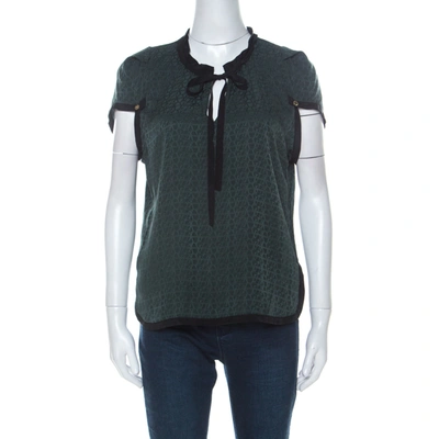 Pre-owned Louis Vuitton Green Monogram Embossed Silk Tie Neck Short Sleeve Top M