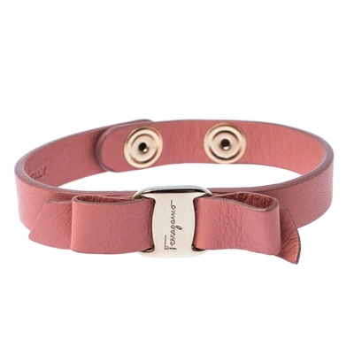 Pre-owned Ferragamo Vara Bow Pink Leather Gold Tone Bracelet