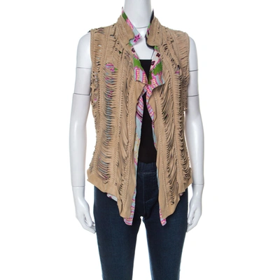 Pre-owned Roberto Cavalli Multicolor Printed Silk And Beige Suede Overlay Sleeveless Waistcoat M