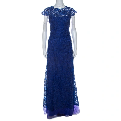 Pre-owned Tadashi Shoji Royal Blue Lace Cap Sleeve Milien Evening Gown L