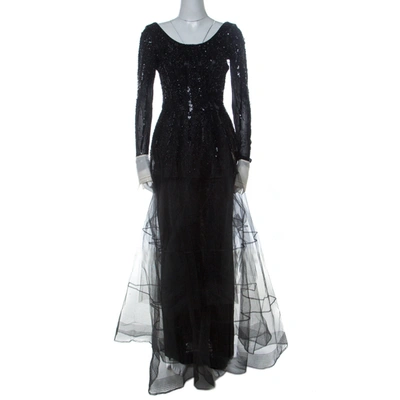 Pre-owned Dior Vintage Black Embellished Tulle Contrast Cuff Detail Scoop Back Gown M