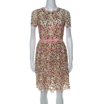 Pre-owned Valentino Pink Floral Embellished Tulle Belted Dress S