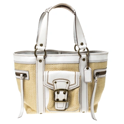 Pre-owned Coach Beige/white Straw And Leather Tote