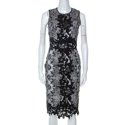 Pre-owned Marchesa Notte Monochrome Floral Lace Sleeveless Pencil Dress S In Black