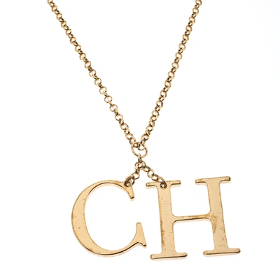 Pre-owned Ch Carolina Herrera Logo Charm Gold Tone Long Toggle Pendant Necklace