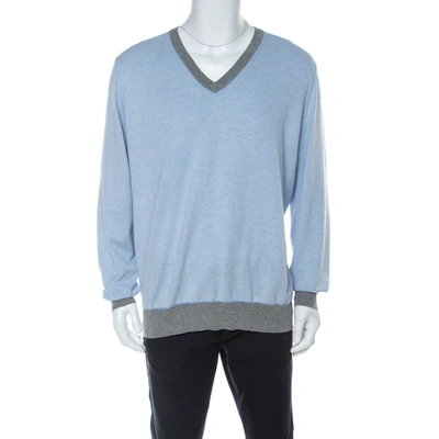 Pre-owned Brunello Cucinelli Light Blue Cotton V Neck Sweater 4xl