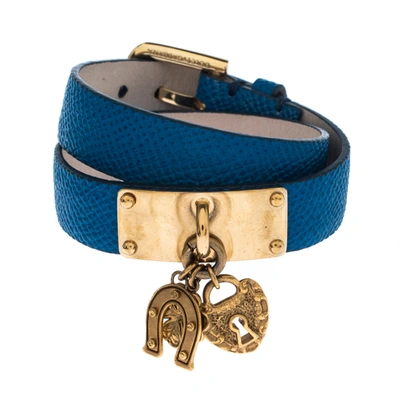 Pre-owned Dolce & Gabbana Good Luck Charms Blue Leather Wrap Bracelet M