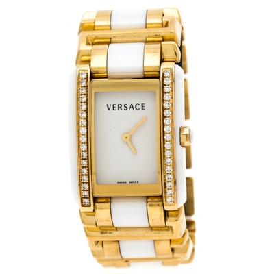 Pre-owned Versace White Ceramic Gold Stainless Steel Diamonds Era 70q Women's Wristwatch 24 Mm
