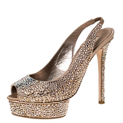 Pre-owned Le Silla Rose Gold Crystal Embellished Satin Limited Edition Peep Toe Platform Sandals Size 40 In Pink