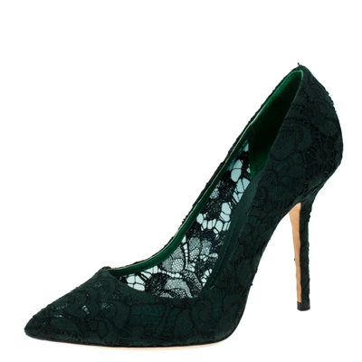 Pre-owned Dolce & Gabbana Green Floral Lace Pointed Toe Pumps Size 39