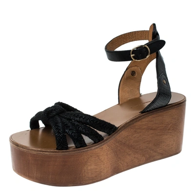 Pre-owned Isabel Marant Black Leather And Jute Zia Wooden Wedge Ankle Strap Sandals Size 38