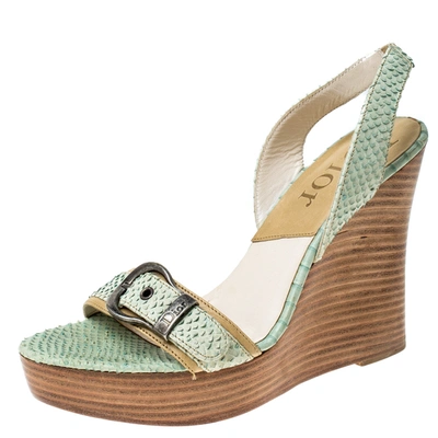 Pre-owned Dior Christian  Green Python Slingback Wedge Platform Sandals Size 38