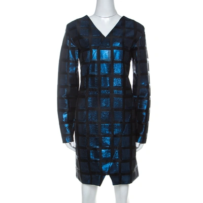 Pre-owned Kenzo Blue And Black Metallic Square Jacquard Long Sleeve Shift Dress M