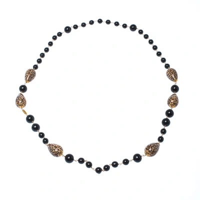 Pre-owned Dolce & Gabbana Printed Beaded Gold Tone Long Necklace In Black