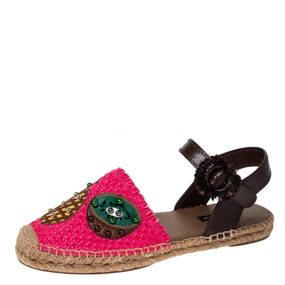 Pre-owned Dolce & Gabbana Pink Raffia And Brown Leather Pineapple Kiwi Patch Espadrilles Size 40