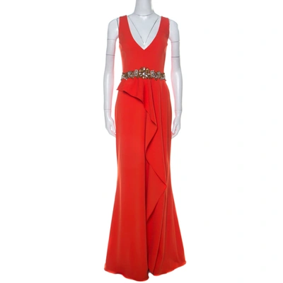 Pre-owned Marchesa Notte Poppy Red Crepe Ruffled Embellished Sleeveless Gown M
