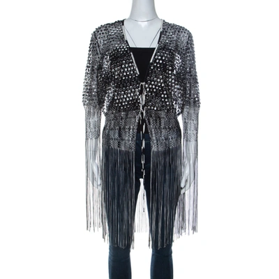 Pre-owned Missoni Monochrome Crochet Knit Lace Trim Fringed Cardigan L In Black