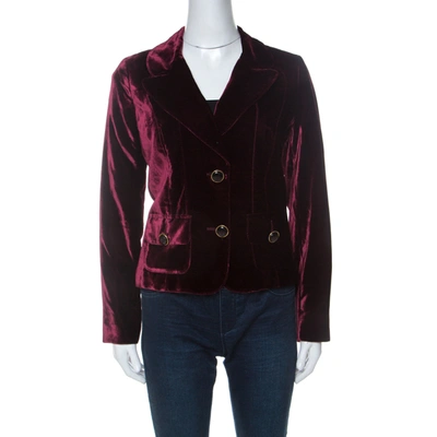 Pre-owned Dolce & Gabbana D & G Vintage Maroon Velvet Cropped Classic Tailored Blazer L In Burgundy