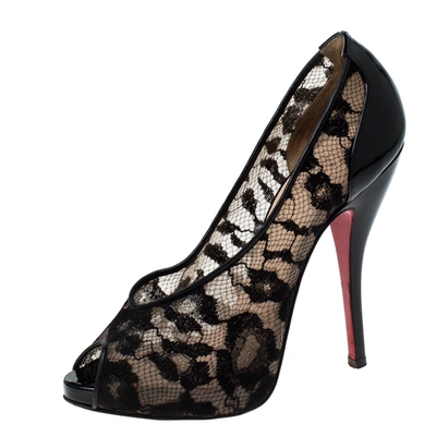 Pre-owned Christian Louboutin Lace And Patent Leather Ambro Peep Toe Pumps Size 36.5 In Black
