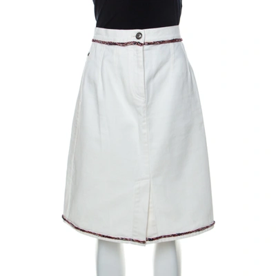 Pre-owned Chanel Off White Denim A Line Knee Length Skirt S
