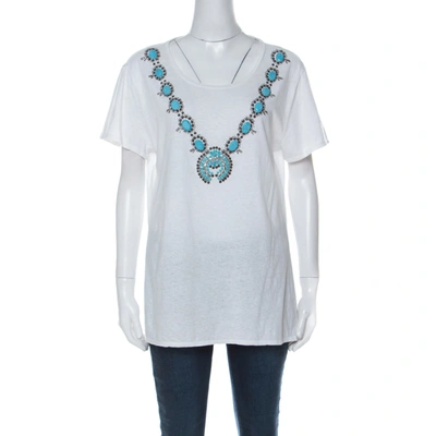 Pre-owned Tory Burch White Cotton Turquoise Bead Embellished T Shirt Xl