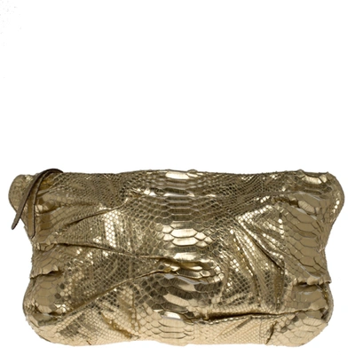 Pre-owned Zagliani Gold Metallic Python Top Zip Clutch