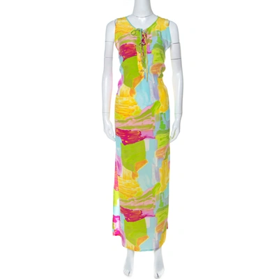 Pre-owned Escada Multicolor Printed Silk Side Slit Detail Maxi Dress Xl