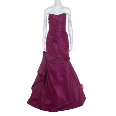 Pre-owned Monique Lhuillier Garnet Purple Silk Tufted Skirt Strapless Gown Xl