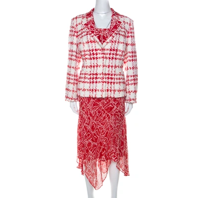 Pre-owned Escada Red And White Printed Silk And Boucle Three Piece Skirt Suit Xl
