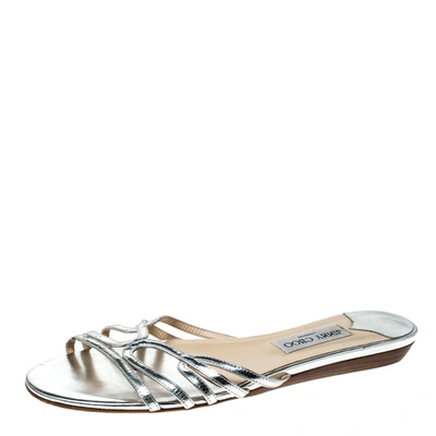 Pre-owned Jimmy Choo Metallic Silver Leather Cut Out Flat Slides 41