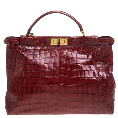 Pre-owned Fendi Red Crocodile Large Peekaboo Top Handle Bag