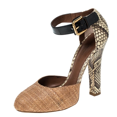 Pre-owned Dolce & Gabbana Beige Raffia And Python Trimmed Leather Ankle Strap Sandals Size 39