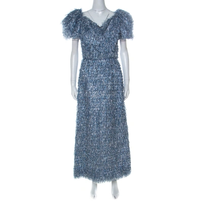 Pre-owned Dolce & Gabbana Blue And Silver Tinsel Puff Sleeve Dress M