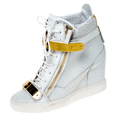 Pre-owned Giuseppe Zanotti White Croc Embossed Leather High Top Wedge Sneakers Size 38