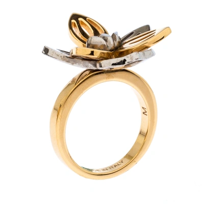 Pre-owned Fendi Two Tone Floral Ring M In Gold