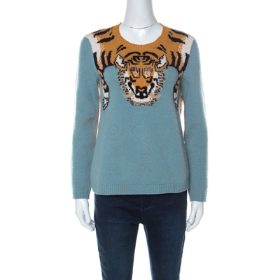 Pre-owned Gucci Blue Wool Tiger-intarsia Jumper L