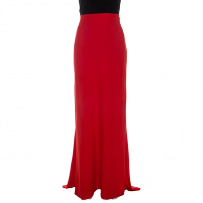 Pre-owned Alexander Mcqueen Coral Red Crepe Ruched Detail Maxi Skirt L