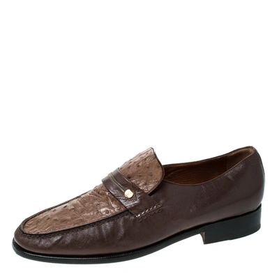 Pre-owned Moreschi Brown Leather And Ostrich Trim Slip On Loafers Size 41