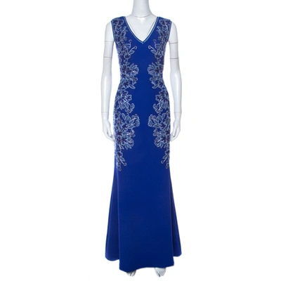 Pre-owned Tadashi Shoji Blue Embroidered Applique V-neck Matelass&eacute; Gown S