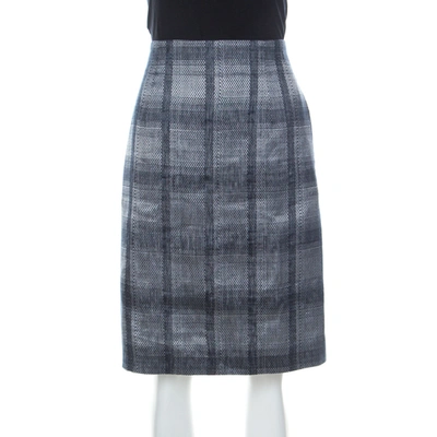 Pre-owned Emporio Armani Navy Blue And Grey Checkered Jacquard Pencil Skirt L
