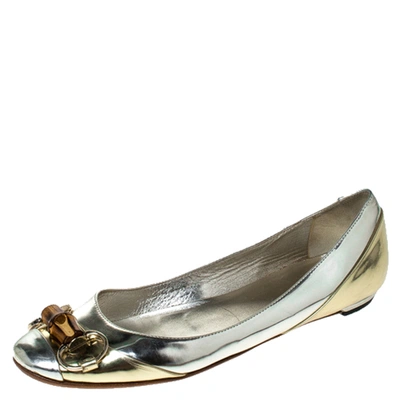 Pre-owned Gucci Silver/gold Leather Bamboo Horsebit Ballet Flats Size 37.5