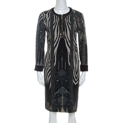 Pre-owned Etro Grey Zebra Print Embellished Neckline Shift Dress M In Multicolor